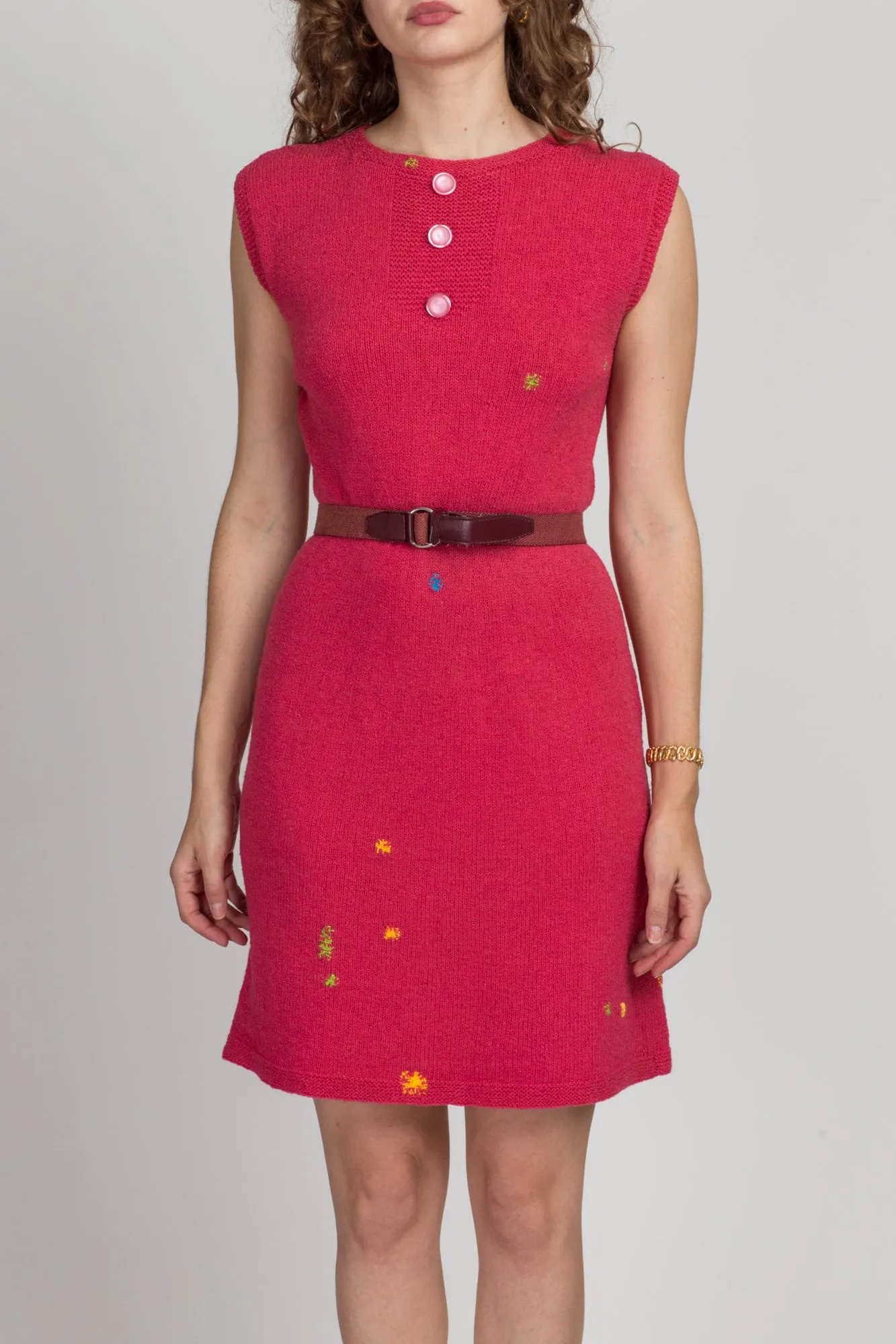 50s 60s Colorful Darned Knit Mini Dress - Medium to Large