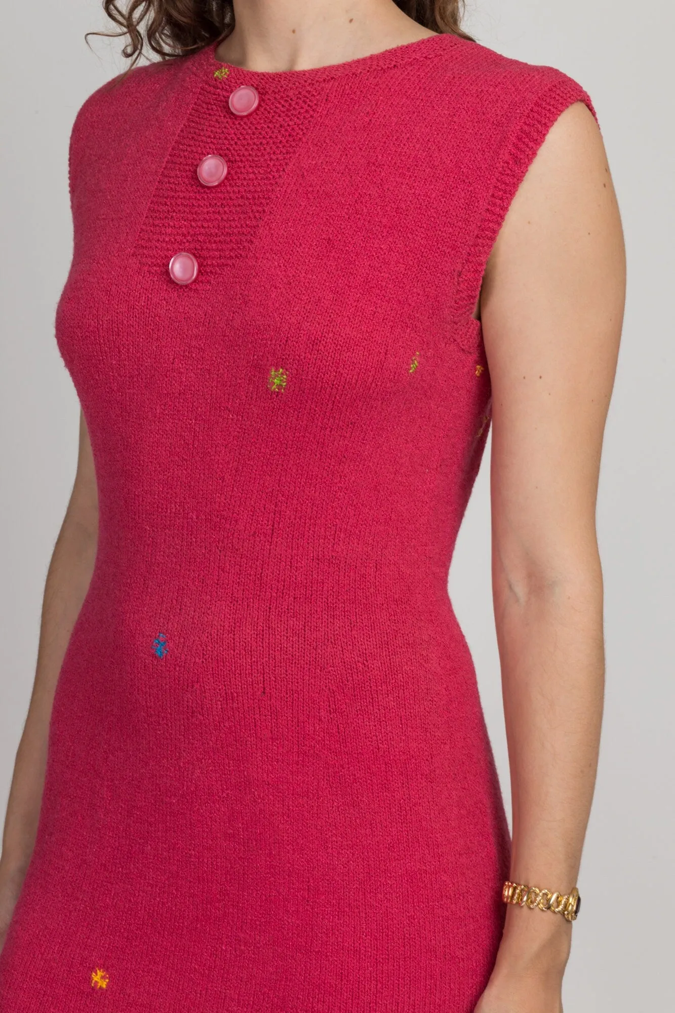 50s 60s Colorful Darned Knit Mini Dress - Medium to Large