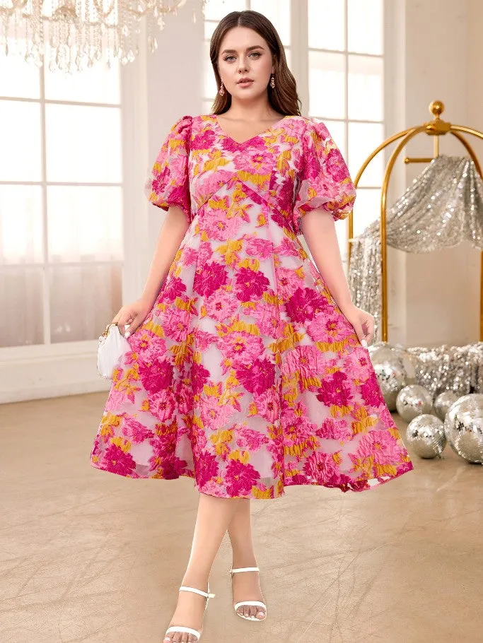 AOMEIDRESS Pink Jacquard Floral Dress V Neck Short Sleeves High Waist