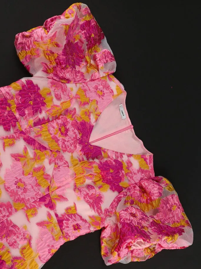 AOMEIDRESS Pink Jacquard Floral Dress V Neck Short Sleeves High Waist