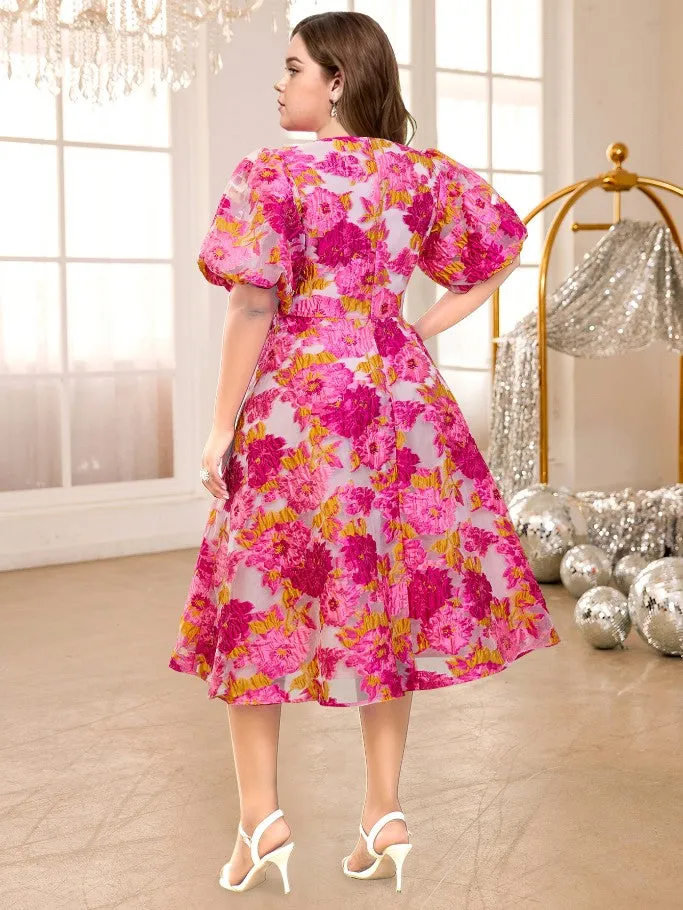 AOMEIDRESS Pink Jacquard Floral Dress V Neck Short Sleeves High Waist