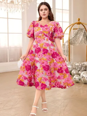 AOMEIDRESS Pink Jacquard Floral Dress V Neck Short Sleeves High Waist