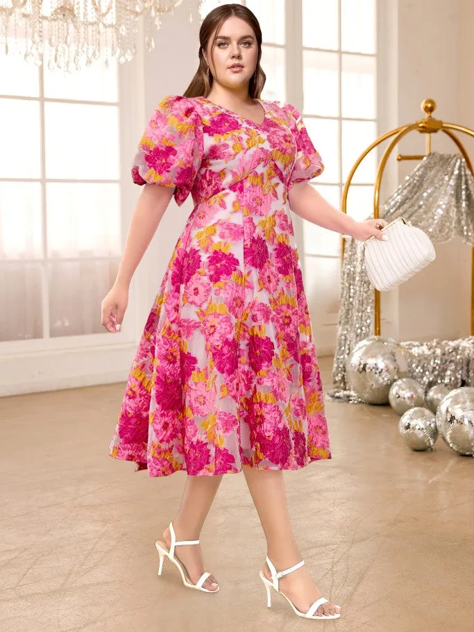 AOMEIDRESS Pink Jacquard Floral Dress V Neck Short Sleeves High Waist