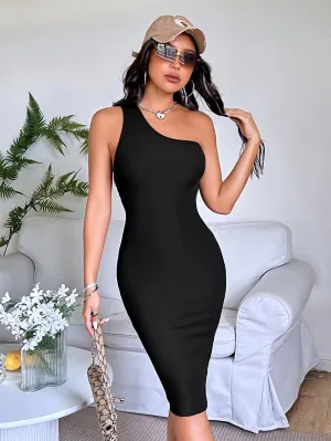 Black One Shoulder Rib Knit Slim Fit Dress
