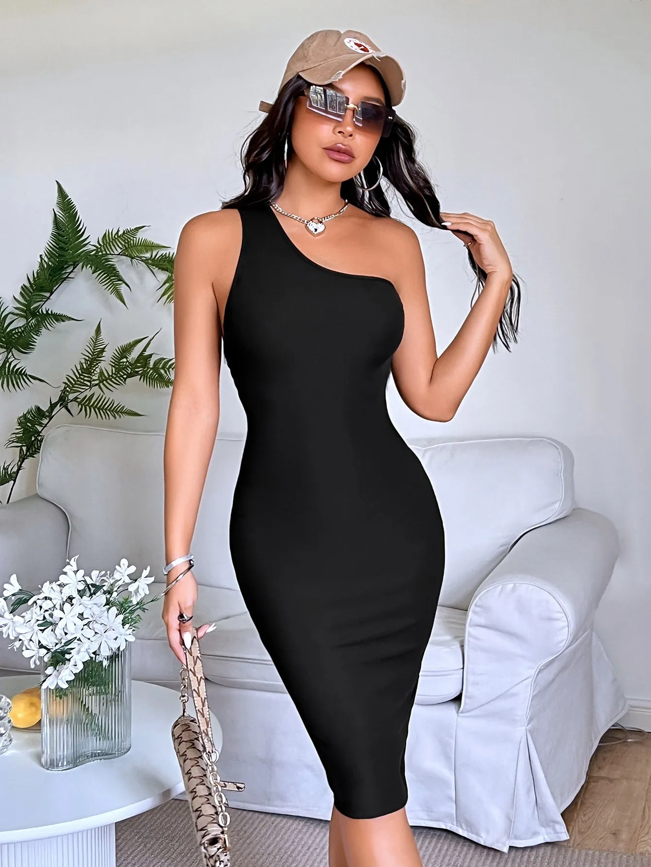 Black One Shoulder Rib Knit Slim Fit Dress
