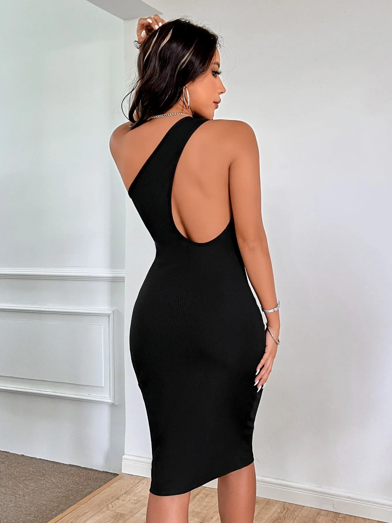 Black One Shoulder Rib Knit Slim Fit Dress