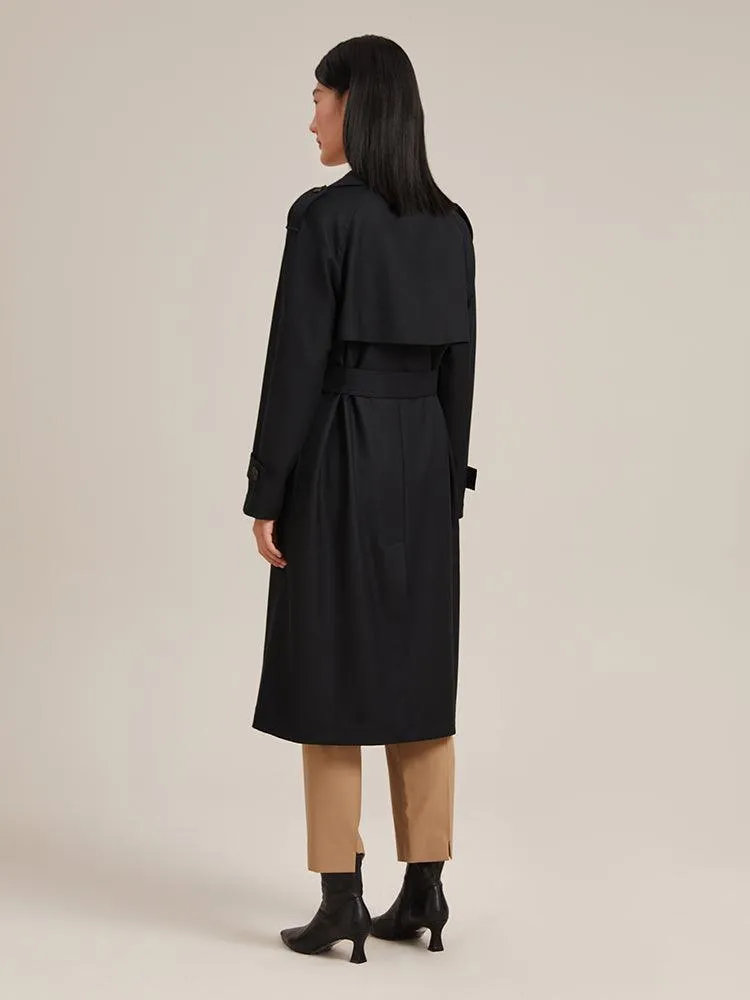 Black Worsted Wool Trench Coat