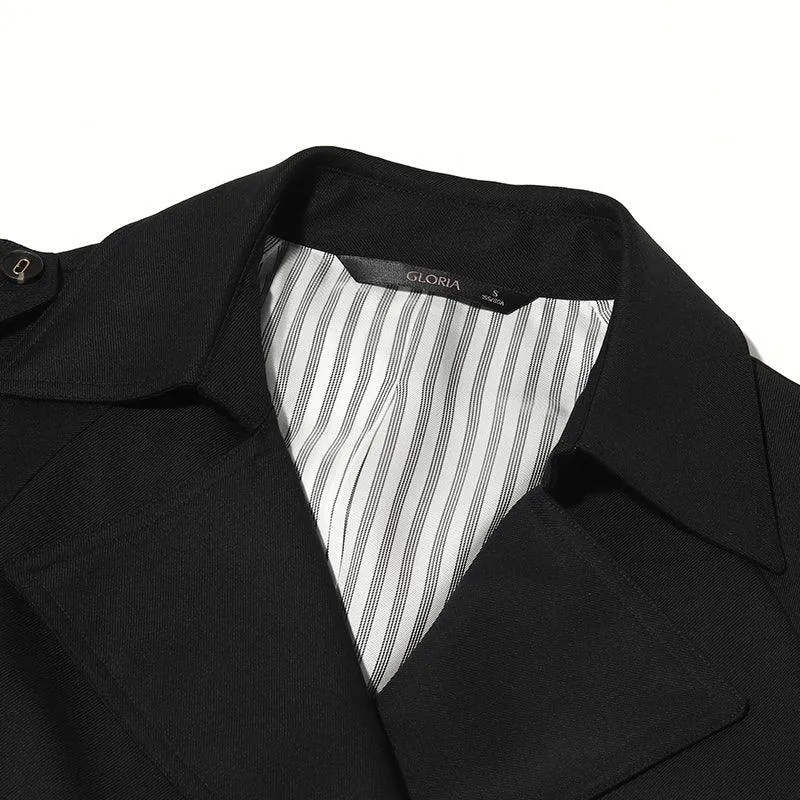 Black Worsted Wool Trench Coat