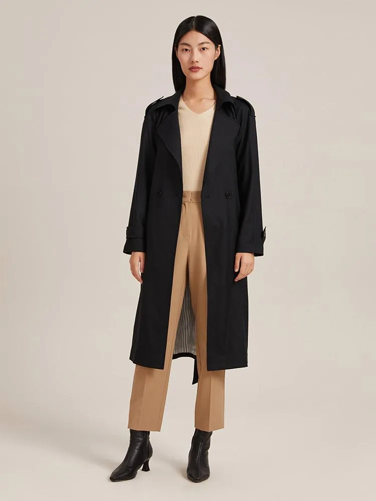 Black Worsted Wool Trench Coat