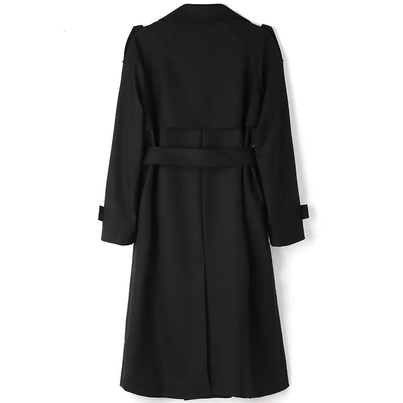 Black Worsted Wool Trench Coat