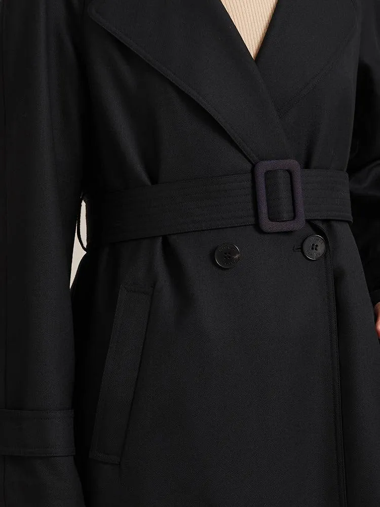 Black Worsted Wool Trench Coat