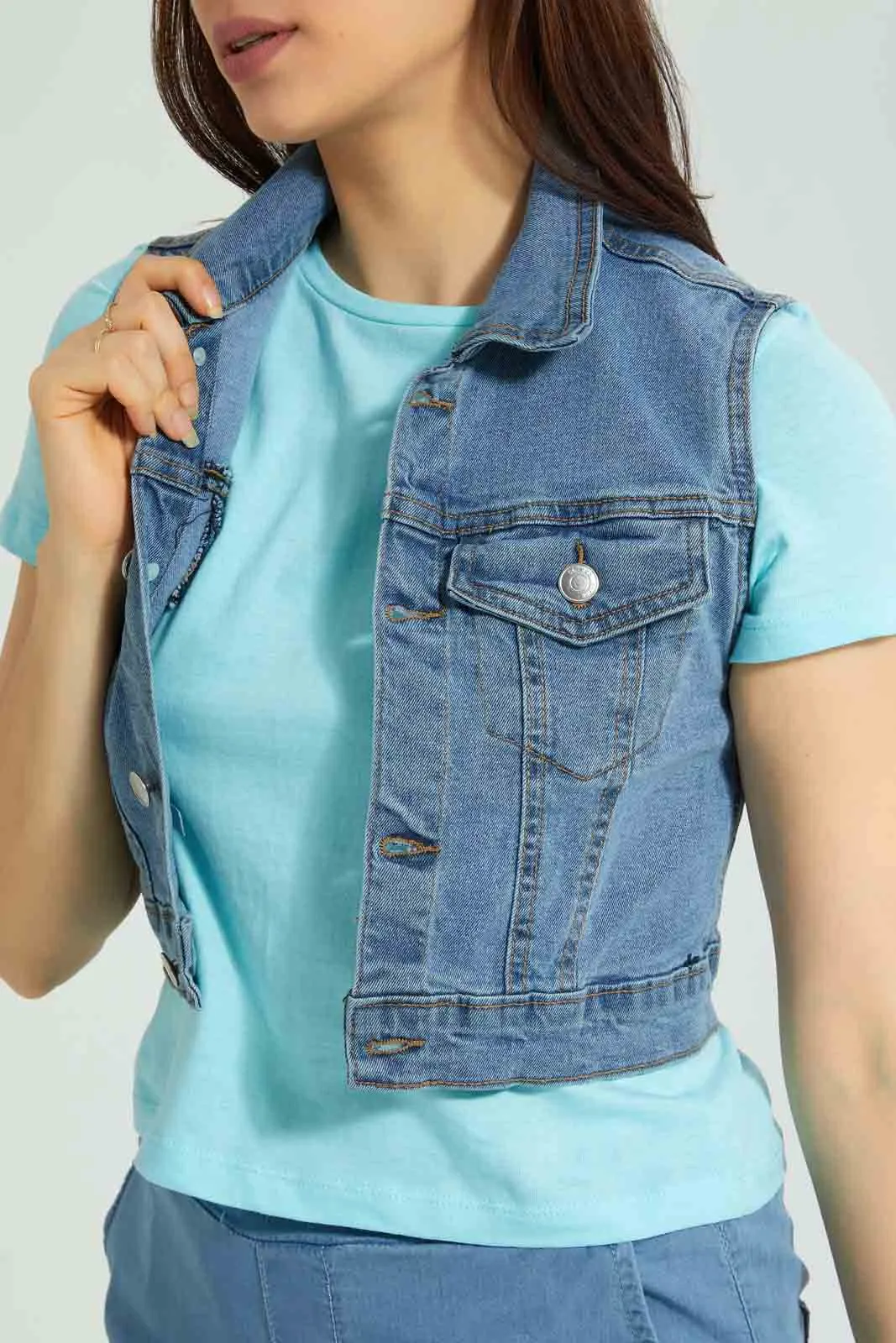 Blue Cropped Sleeveless Jacket