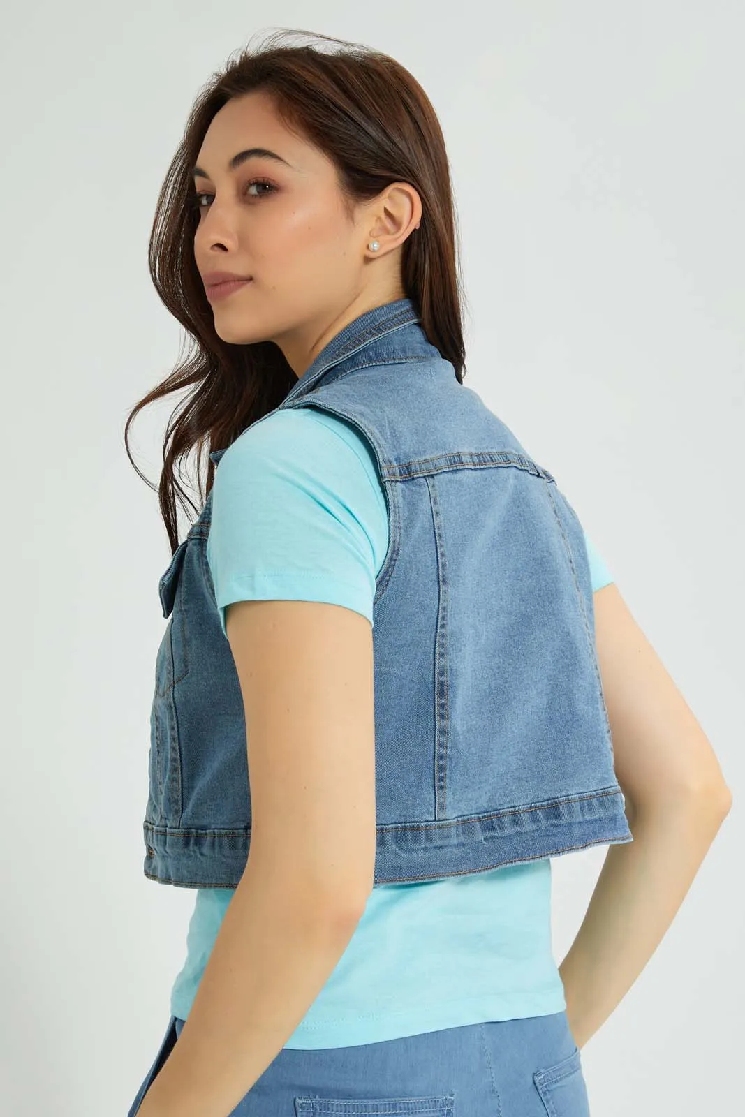 Blue Cropped Sleeveless Jacket