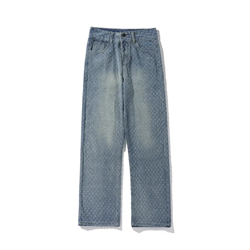 Bonsir NEW Jeans men Jacquard Pattern Denim Pants Male Straight Fitting Baggy Bottoms Distressed Wide Jeans For Men