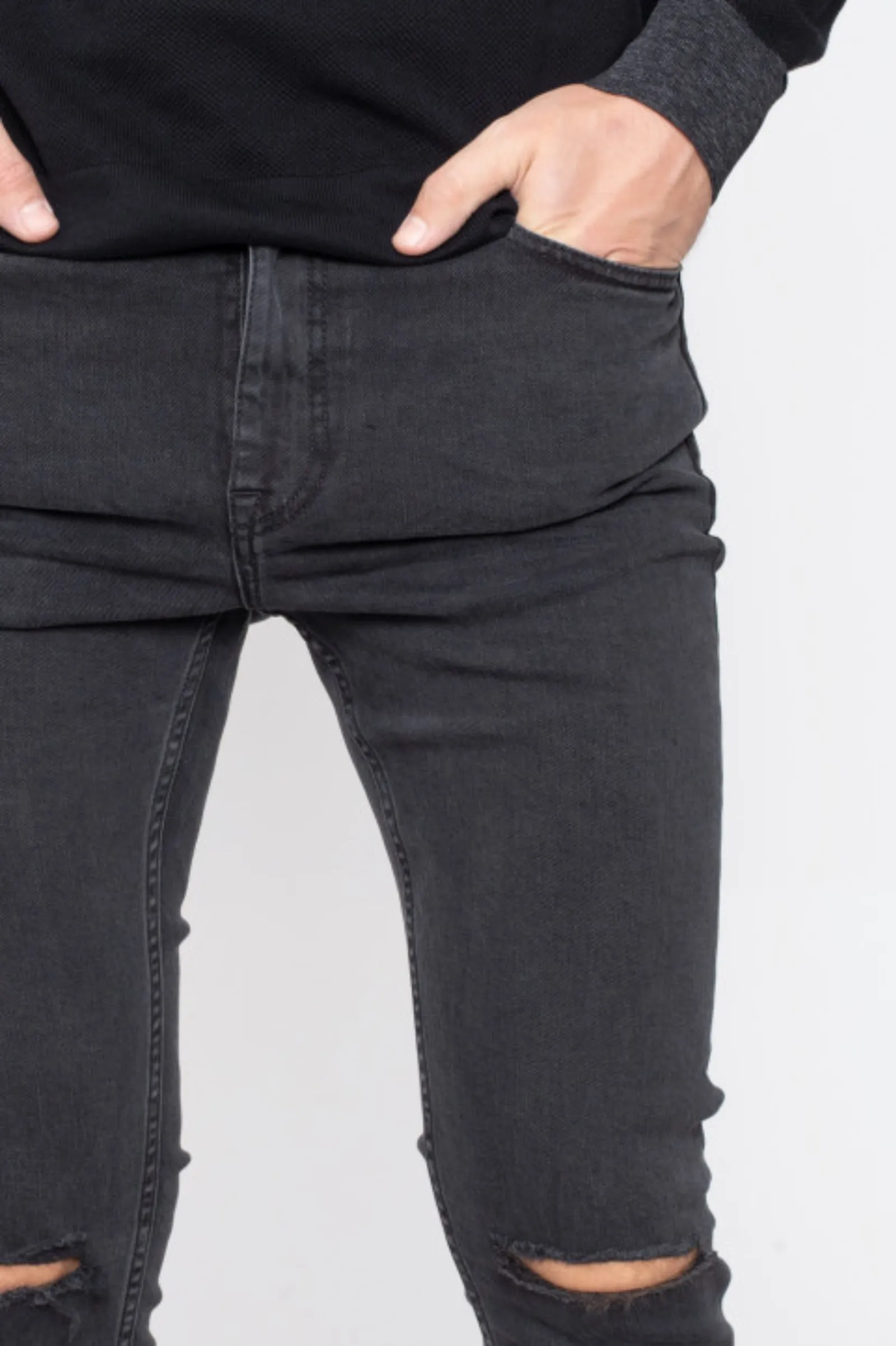 Chase Skinny Jeans - Greyish Black Ripped Knee