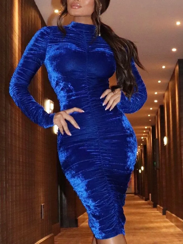 Collar long-sleeved gold velvet bodycon dress