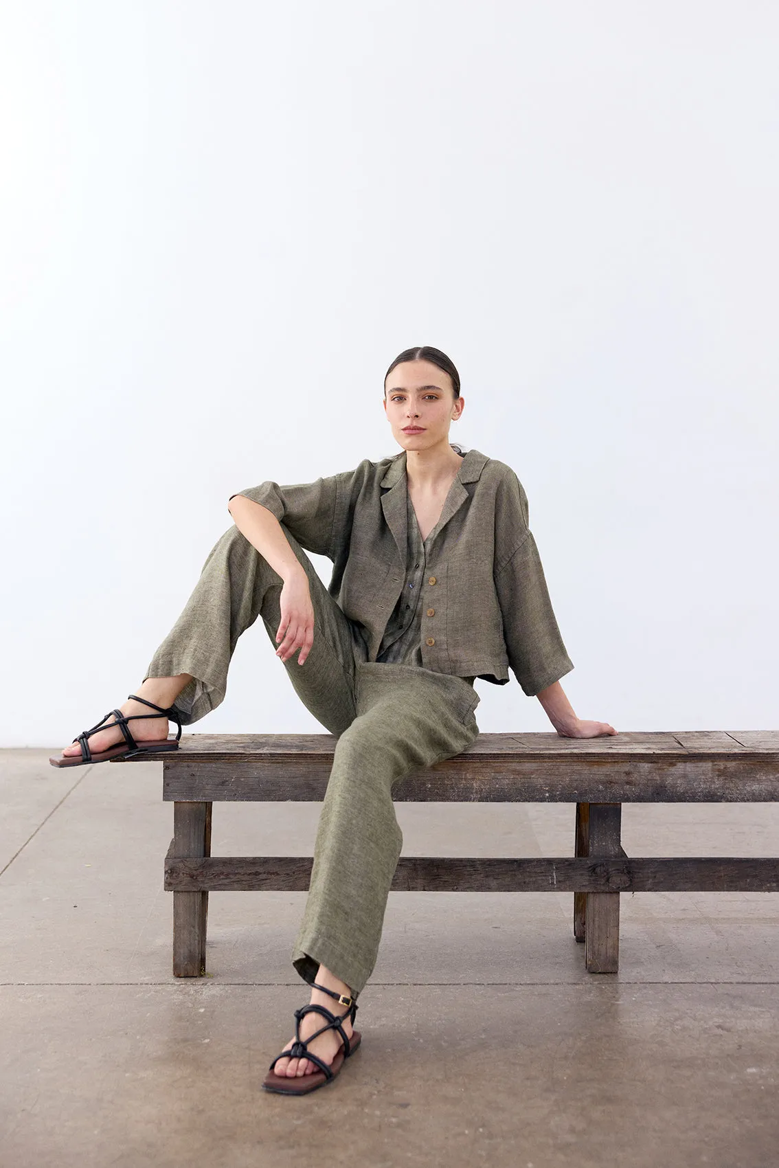 Cropped Linen Jacket - Musgo