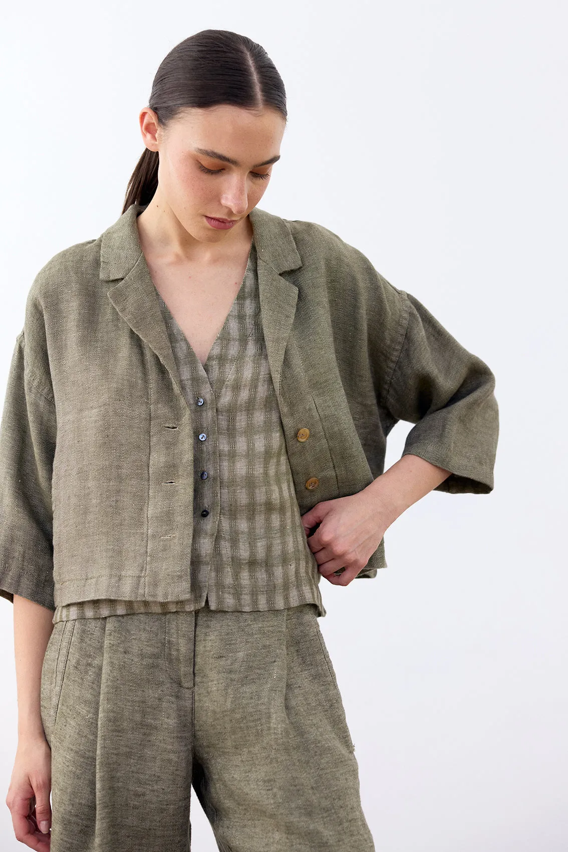 Cropped Linen Jacket - Musgo