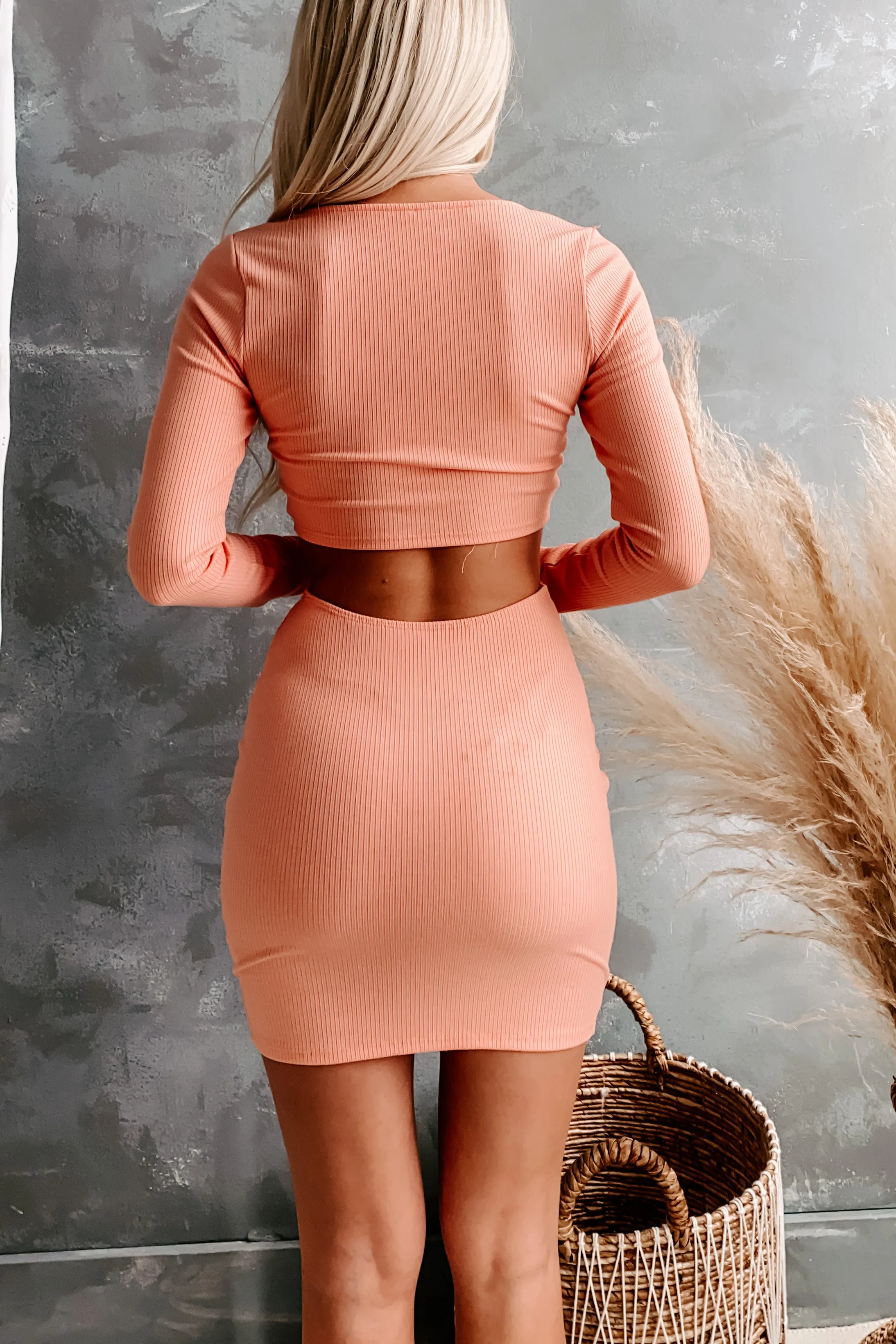 Cut Me Out Long Sleeve Cut-Out Mini Dress (Peach)