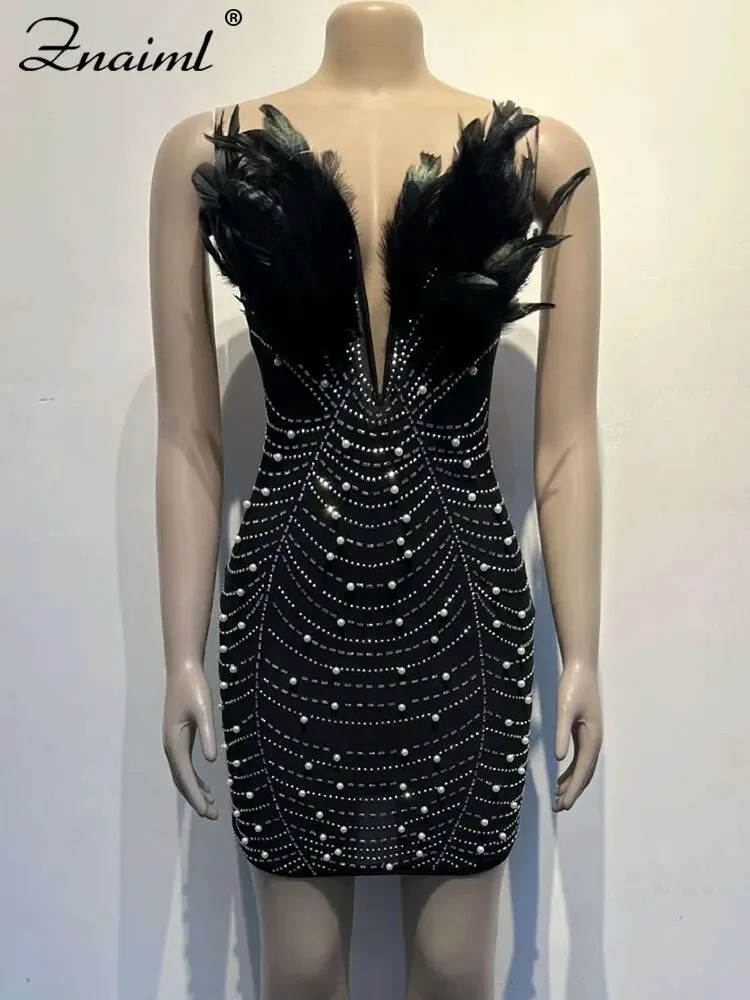 Feather Rhinestones Sheer Mesh Bodycon Dress for Woman*
