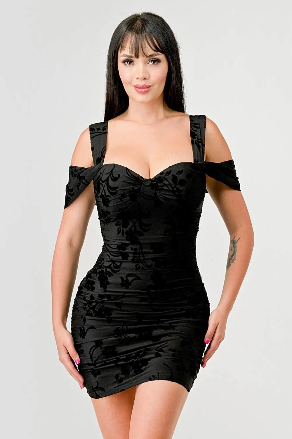 FLORAL MESH VELVET FLOCKING SWEETHEART MINI DRESS
