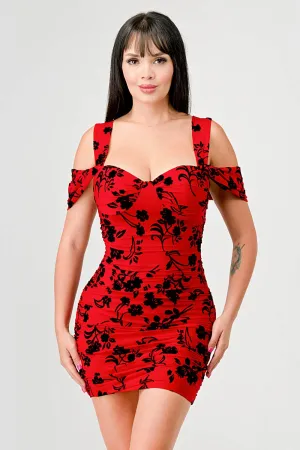 FLORAL MESH VELVET FLOCKING SWEETHEART MINI DRESS