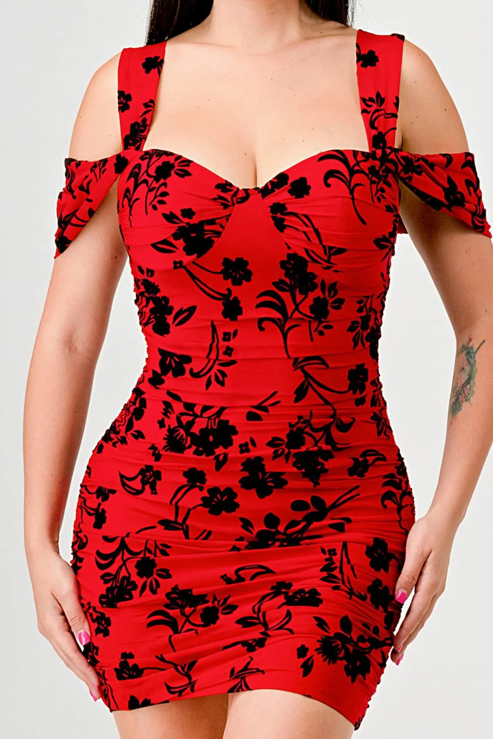 FLORAL MESH VELVET FLOCKING SWEETHEART MINI DRESS