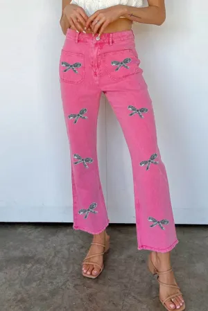 Glitter Sparle Sequin Pink High Waist Flared Jeans