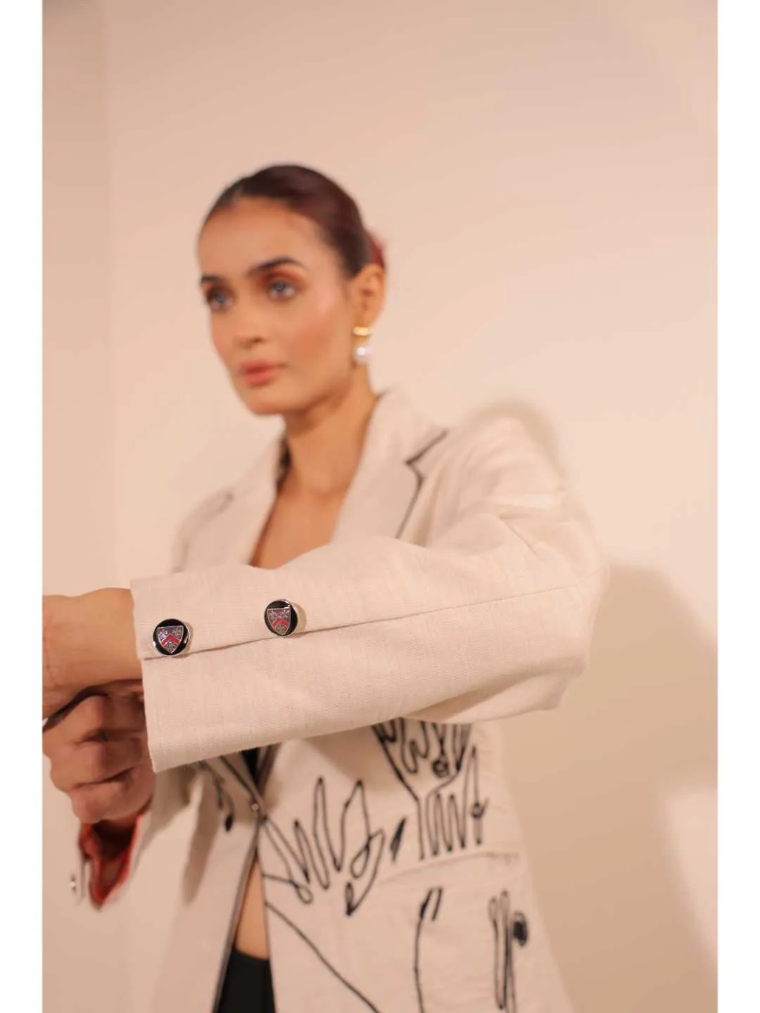graceful pure cotton modernise embroiderd lapel full sleeve semi-formal jacket with handy pockets.- Beige