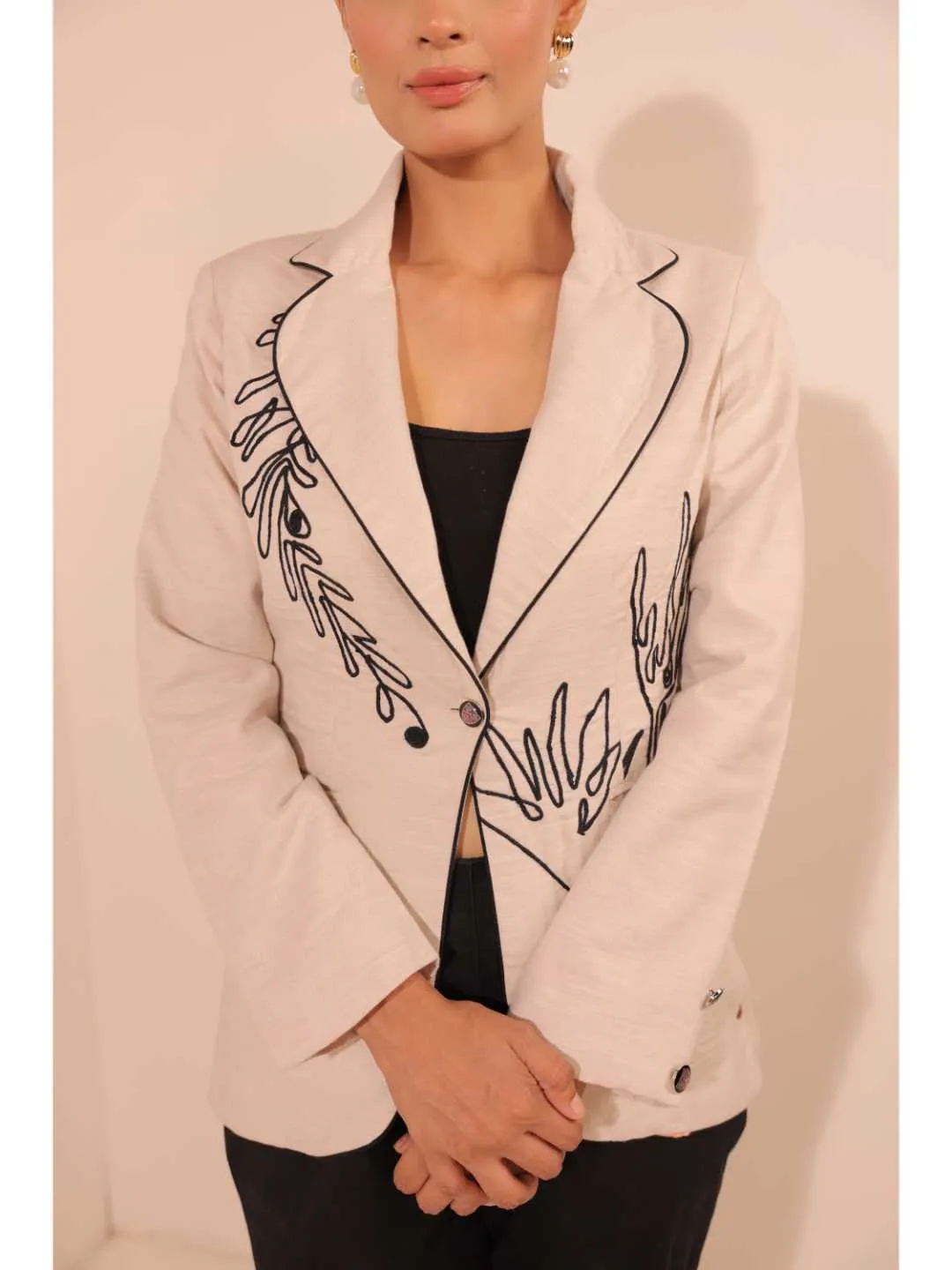 graceful pure cotton modernise embroiderd lapel full sleeve semi-formal jacket with handy pockets.- Beige