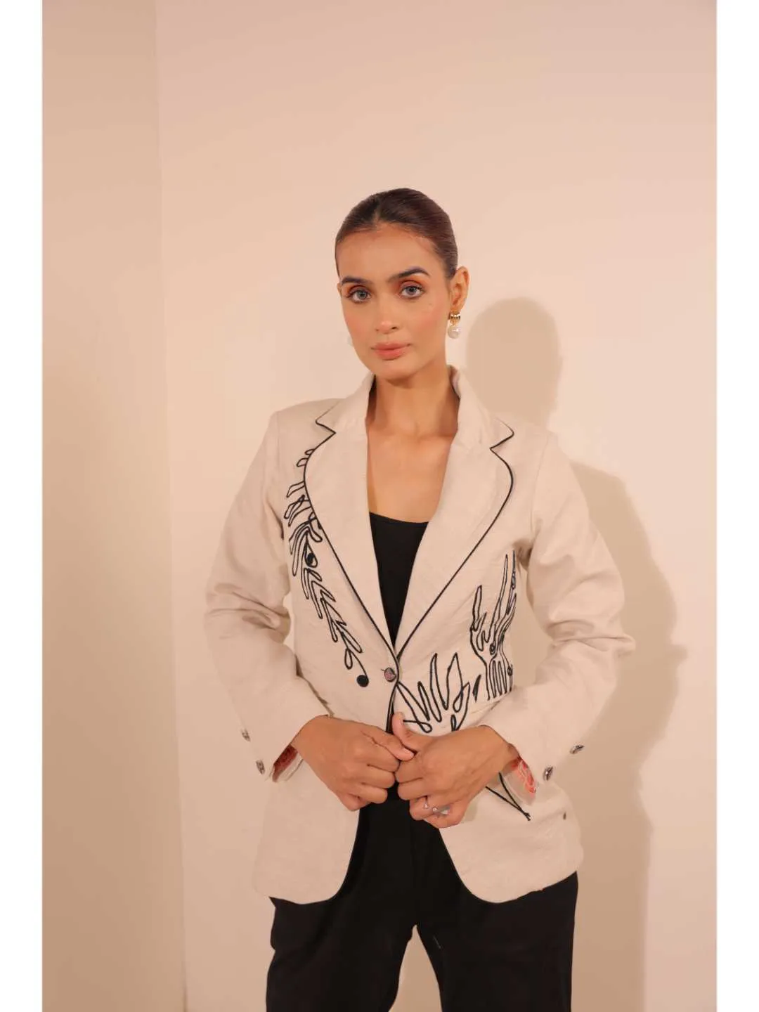 graceful pure cotton modernise embroiderd lapel full sleeve semi-formal jacket with handy pockets.- Beige