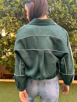 HALF HALF BOMBER- Green Linen Front