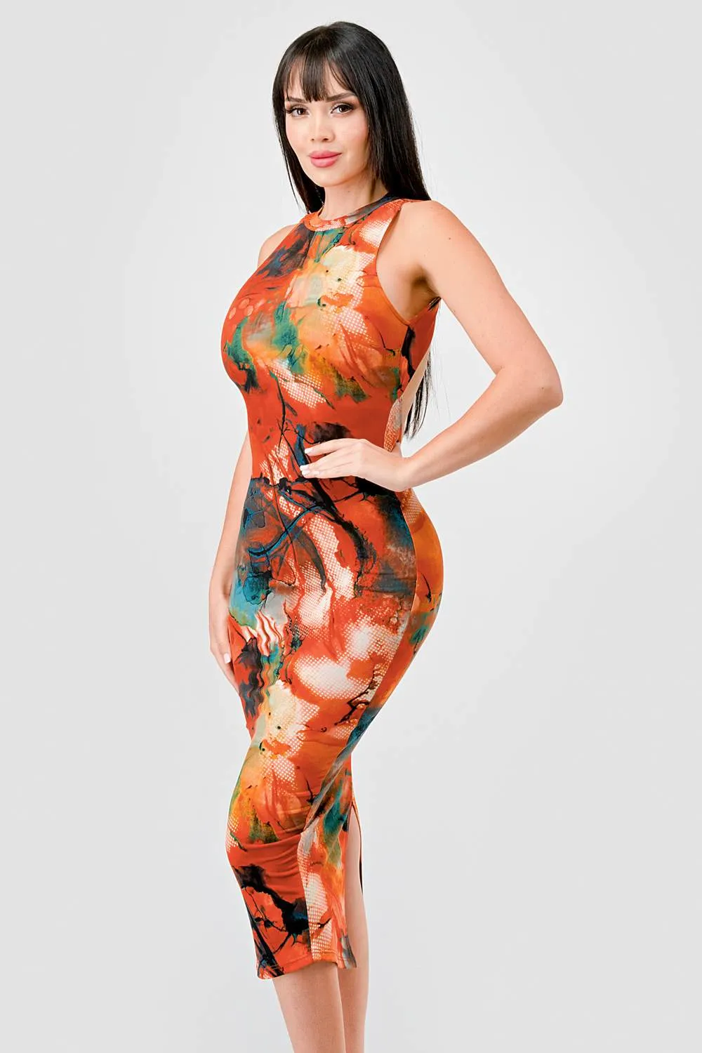 ITY ABSTRACT PRINT HALTER NECK SLITTED MIDI DRESS