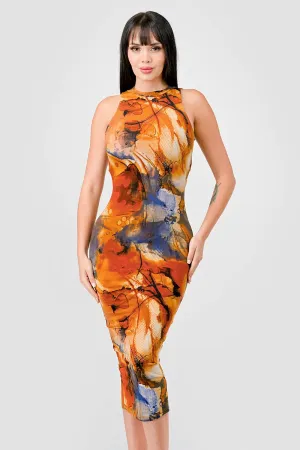 ITY ABSTRACT PRINT HALTER NECK SLITTED MIDI DRESS