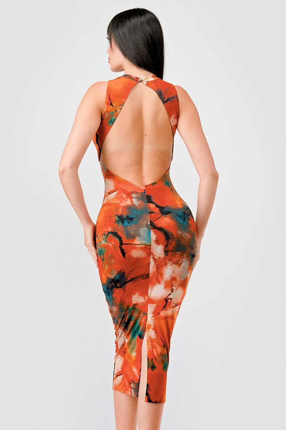 ITY ABSTRACT PRINT HALTER NECK SLITTED MIDI DRESS