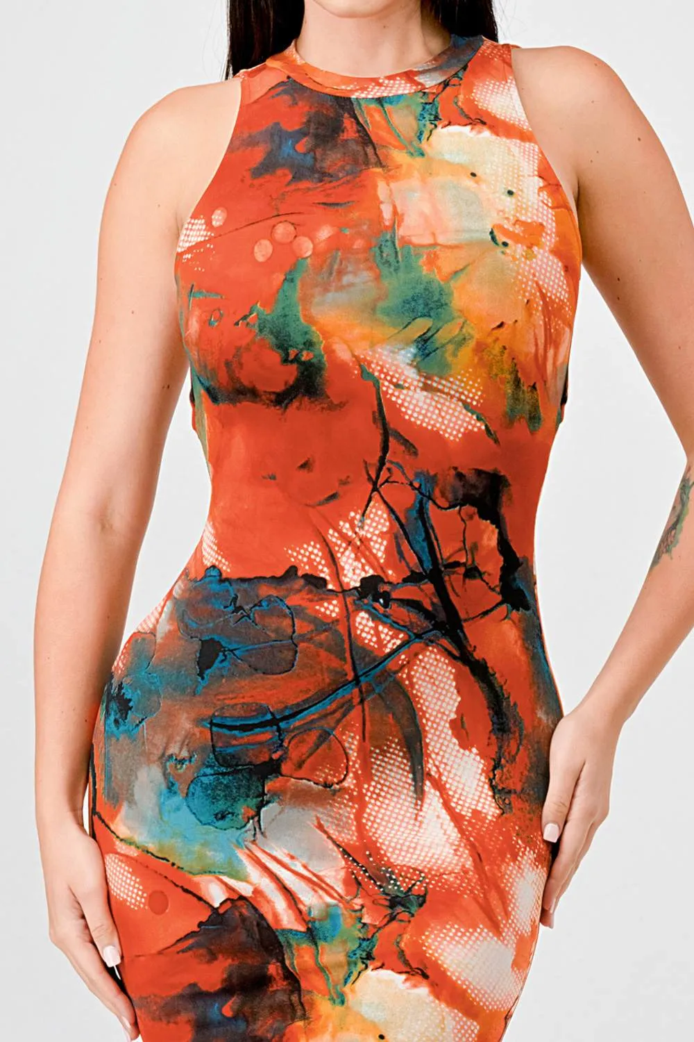 ITY ABSTRACT PRINT HALTER NECK SLITTED MIDI DRESS