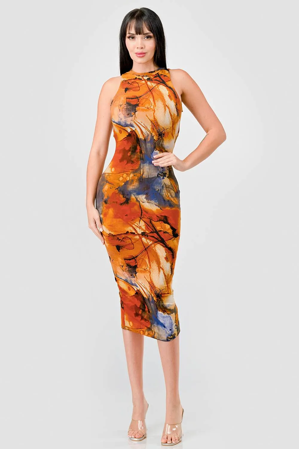 ITY ABSTRACT PRINT HALTER NECK SLITTED MIDI DRESS