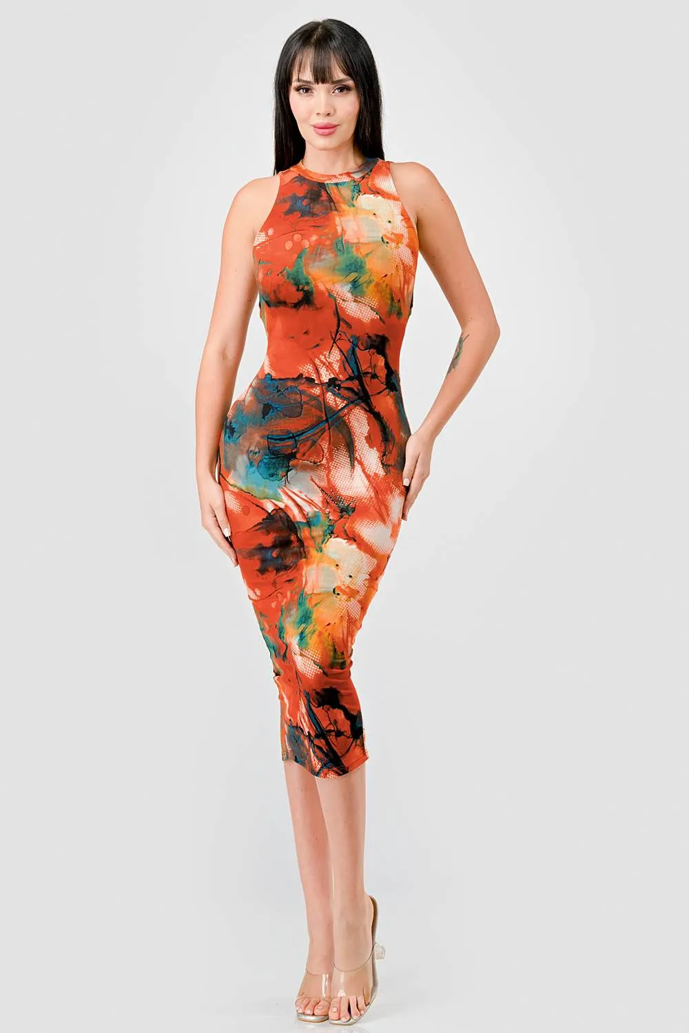 ITY ABSTRACT PRINT HALTER NECK SLITTED MIDI DRESS