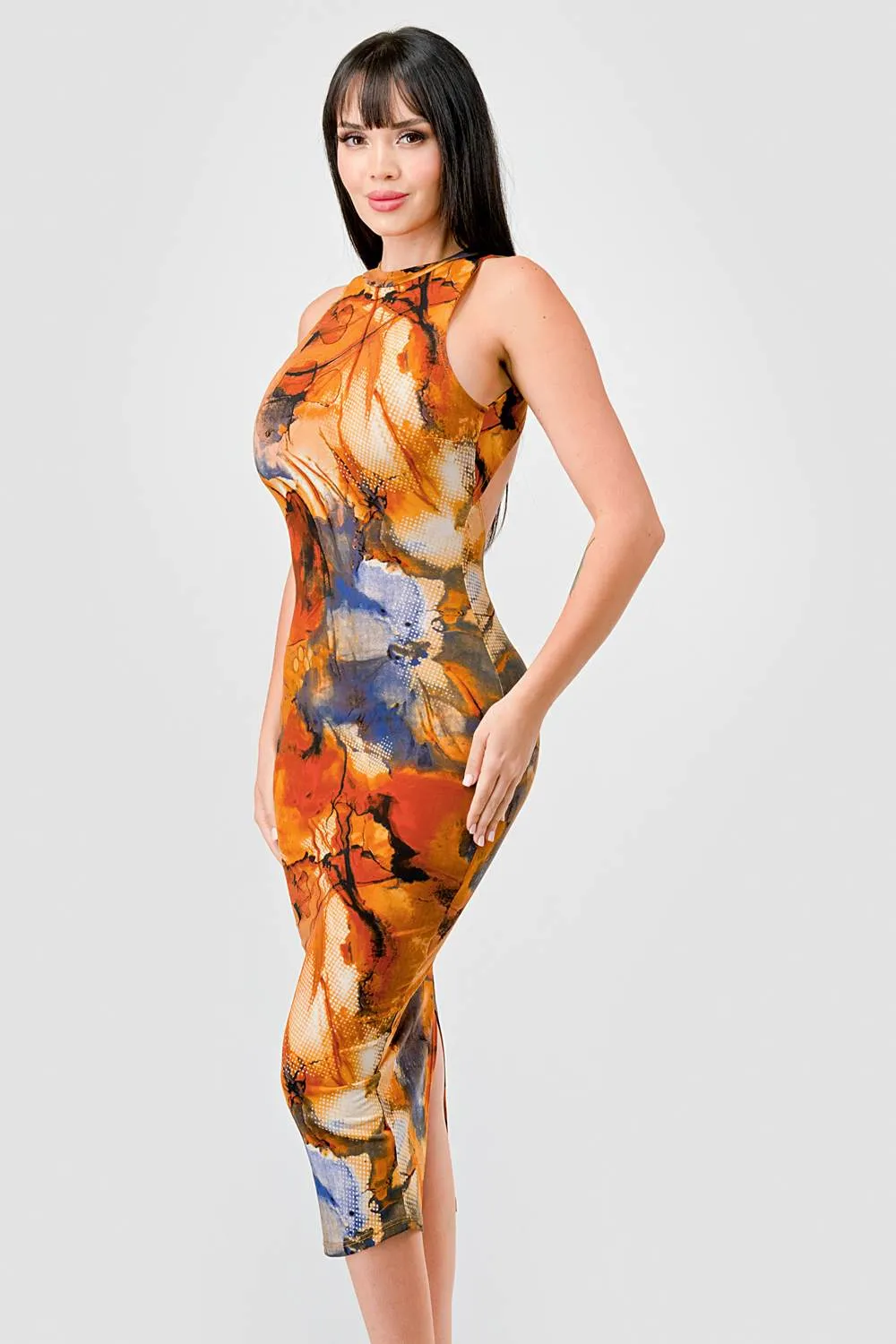 ITY ABSTRACT PRINT HALTER NECK SLITTED MIDI DRESS