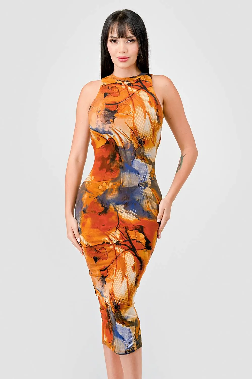 ITY ABSTRACT PRINT HALTER NECK SLITTED MIDI DRESS