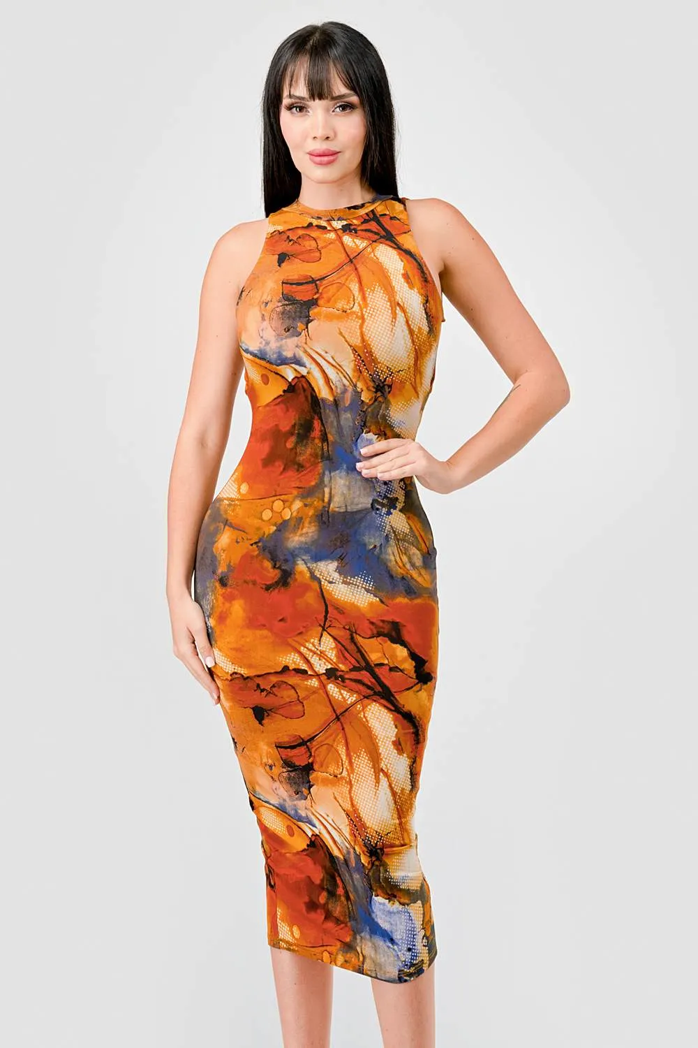 ITY ABSTRACT PRINT HALTER NECK SLITTED MIDI DRESS