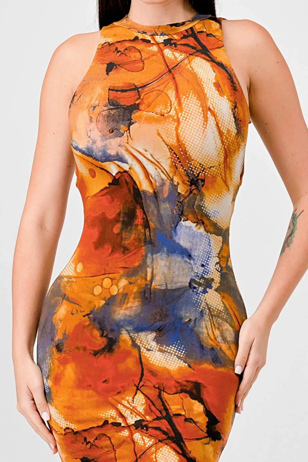ITY ABSTRACT PRINT HALTER NECK SLITTED MIDI DRESS