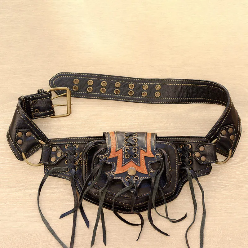 Large Leather Utility 2-Pouch Handmade Practical Tassel Waist Belt Bag
