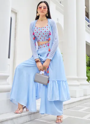 Light Blue Mirror Work Embroidery Cape Style Co-Ord Palazzo Set