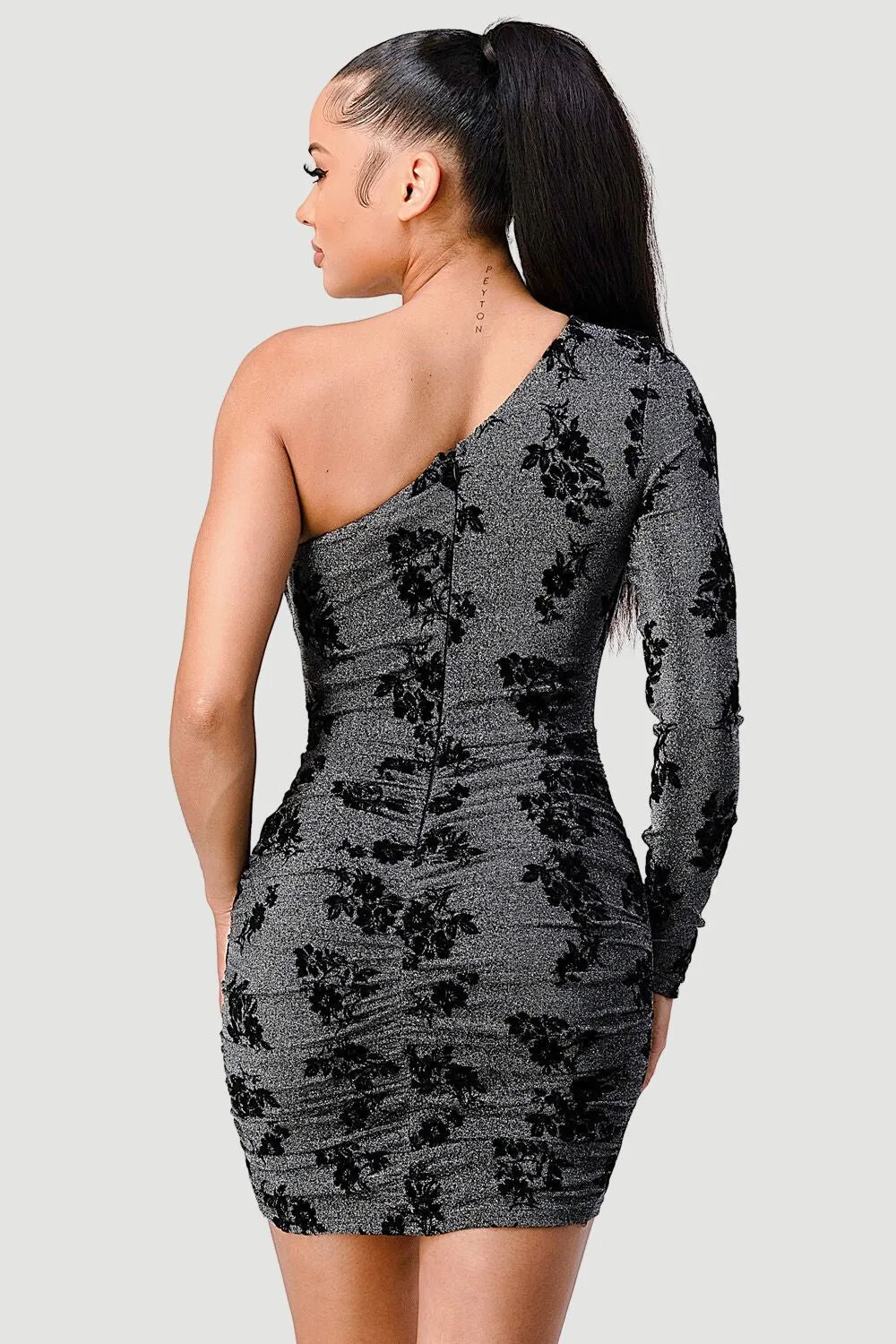 LUXE FLORAL FLOCKING LUREX ONE SHOULDER MINI DRESS