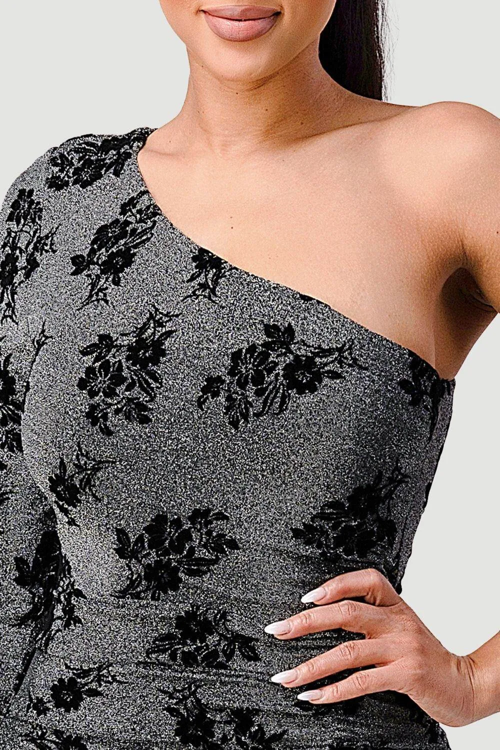 LUXE FLORAL FLOCKING LUREX ONE SHOULDER MINI DRESS