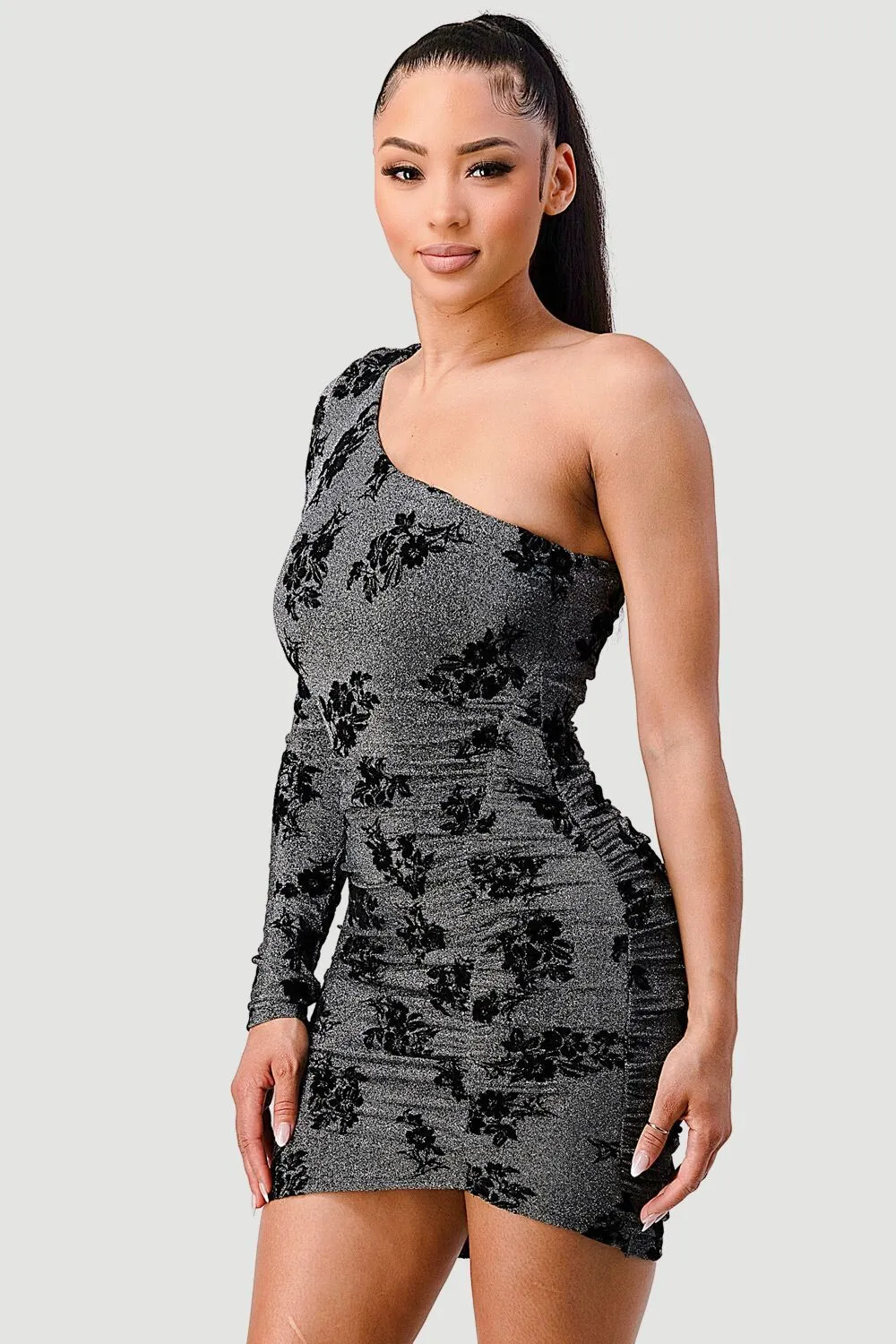 LUXE FLORAL FLOCKING LUREX ONE SHOULDER MINI DRESS