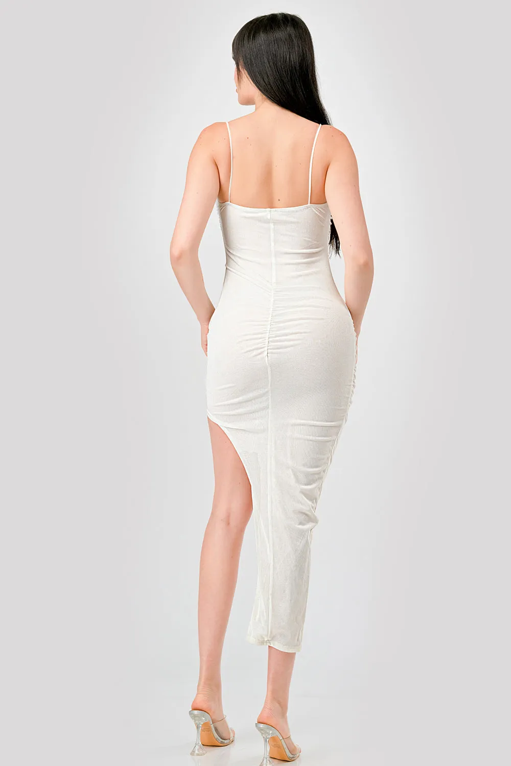 LUXE GLITTER MESH ASYMMETRIC HEM MIDI TANK DRESS