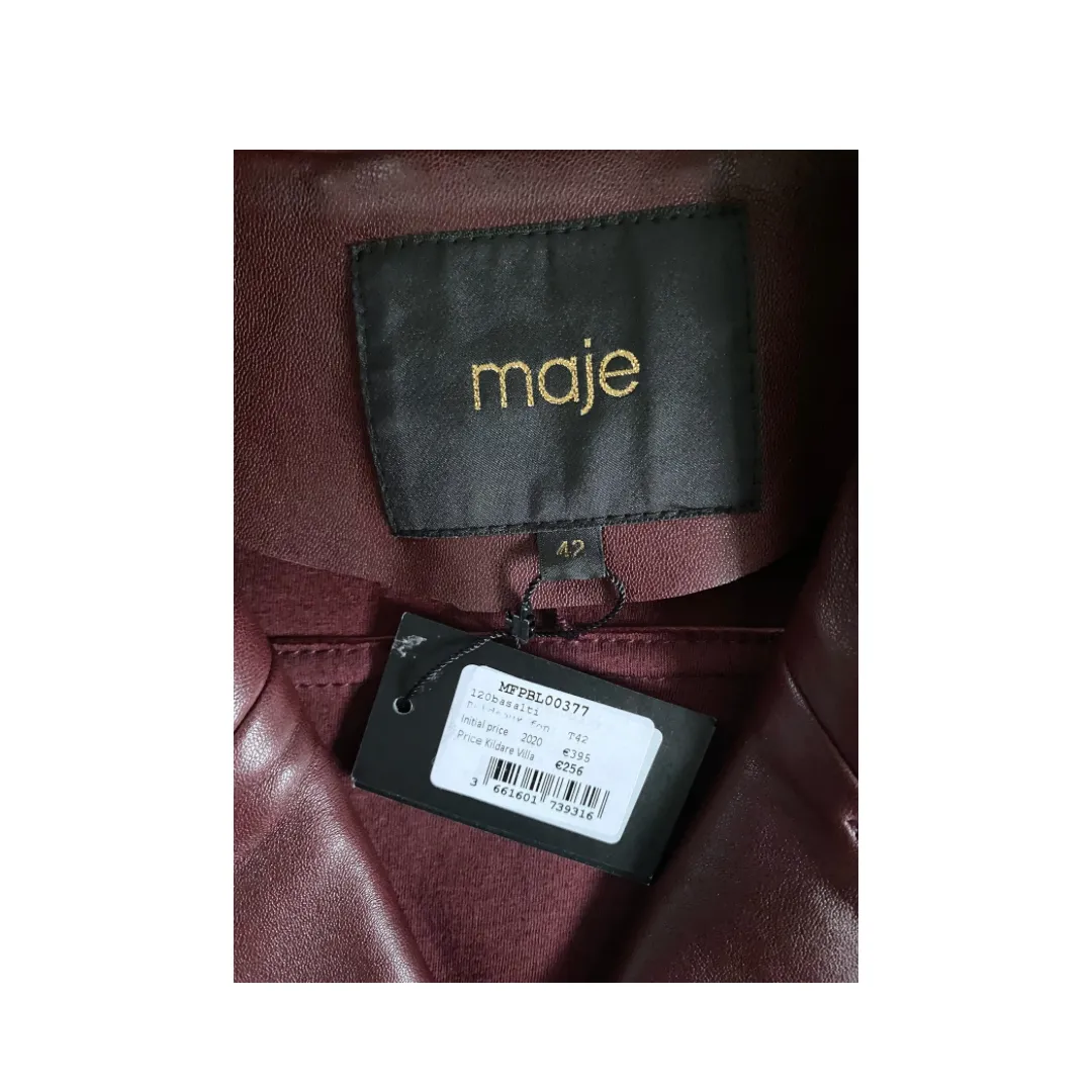 MAJE Basalti Leather Biker Jacket Burgundy SIZE 14