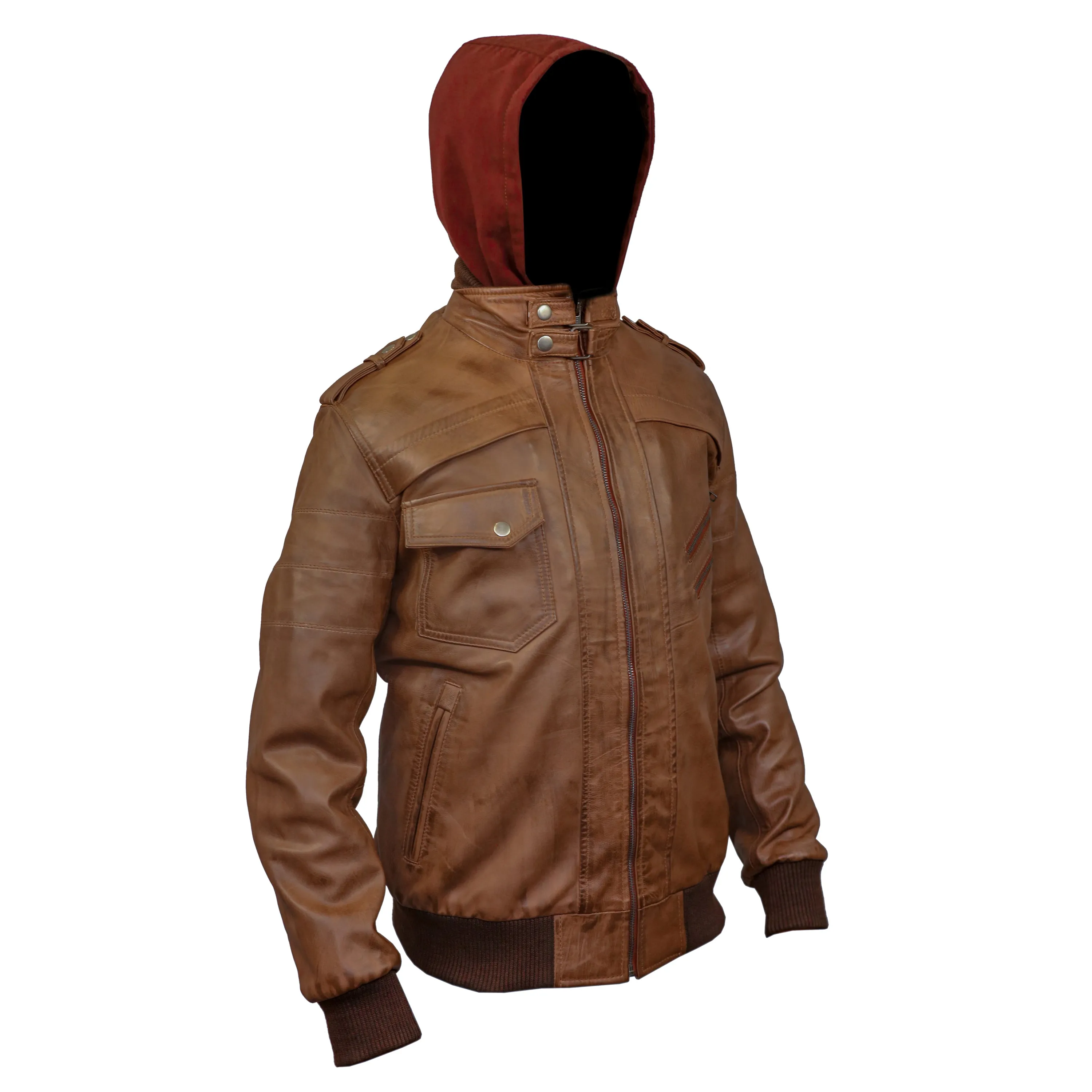 Men's Hooded Tan Wax Leather Bomber Jacket